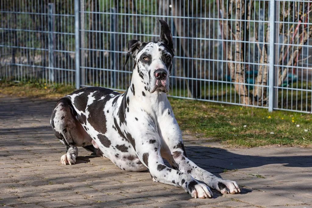 Dogo alemán arlequín tumbado.